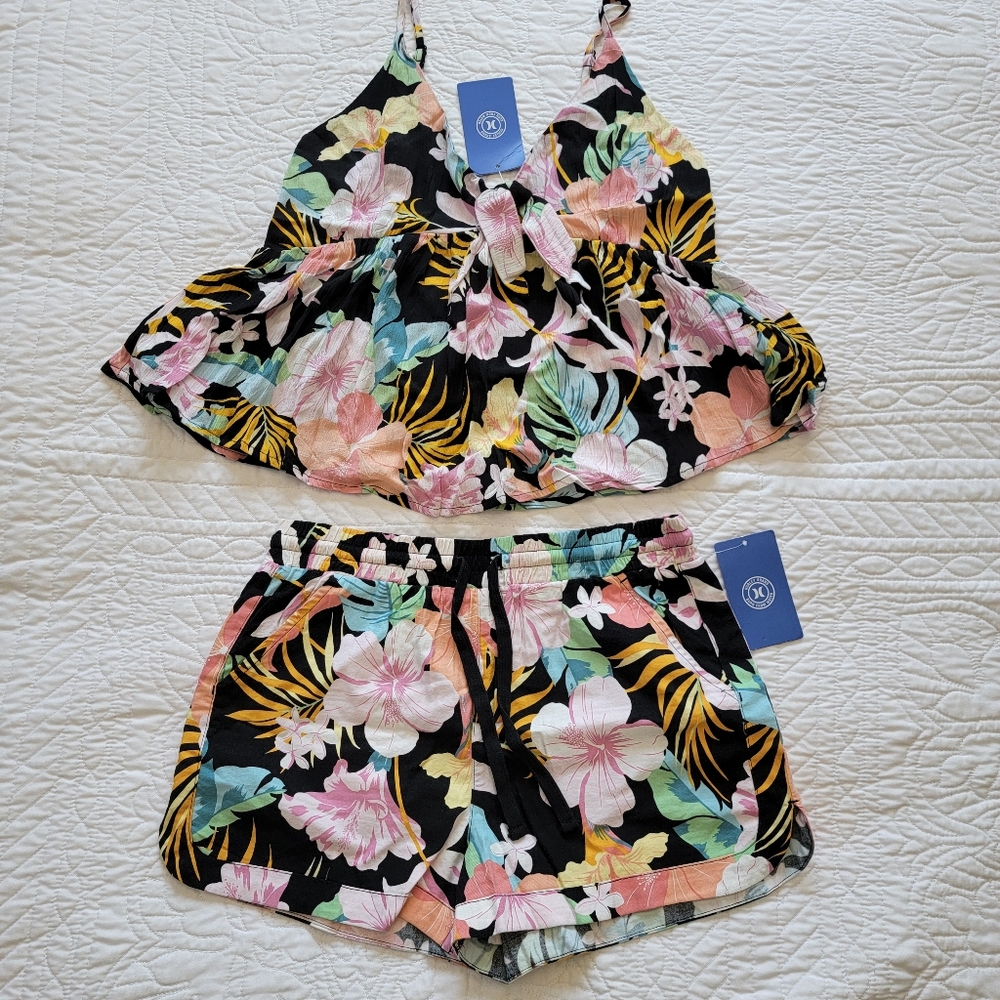 Hurley Black Tropical Floral Short & Top Matching Set Size XS